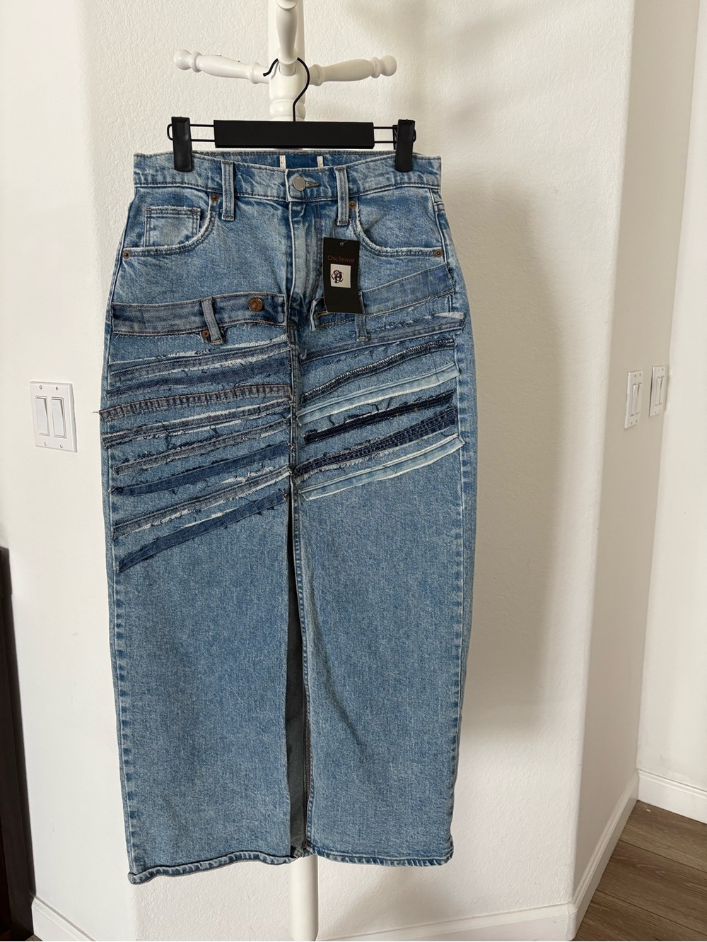 Denim Midi Skirt with Distressed Diagonal Patchwork up cycling♻️
